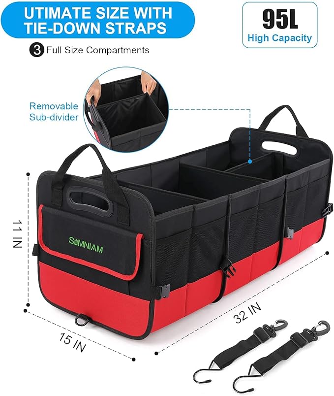 Simniam Large Trunk Organizer for Car, Foldable Multi Compartment Car Trunk Organizer with 2 Retractable Straps, Suitable for All Kinds of Cars, SUV, Minivan - 4 Compartments Red