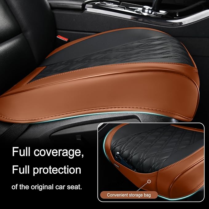 Luxury Faux Leather Car Seat Cover Front Bottom Protector, Seat Cushion Without Backrest, Anti-Slip and Wrap Around The Bottom, Fit Most Cars & Vehicles, 1 Piece, Brown&Black