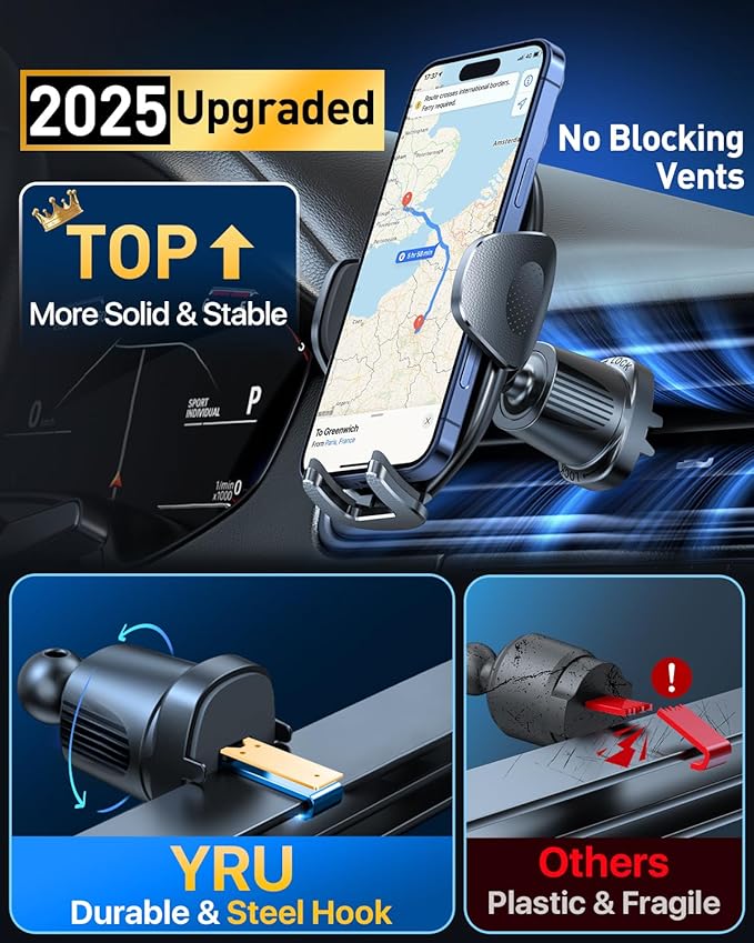 YRU Upgraded Universal Car Phone Holder Mount【360°Rotatable & Strong Suction】 Cell Phone Car Dashboard Windshield Phone Holder Dash Vent Stand for iPhone 17 16 Pro Max Samsung Truck, Black