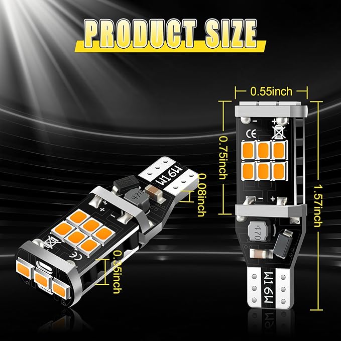 912 921 LED Bulb for Backup Reverse Lights, 2835 15-SMD Chipsets Error Free 300% Super Bright 906 922 W16W T15 LED Lights - (Pack of 2, Amber)