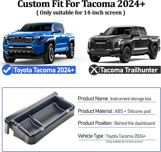 Center Console Organizer for Toyota Tacoma 2024-2025, 14-Inch Dashboard Storage Tray w/Anti-Slip Silicone Pad & Hidden Tray Accessories