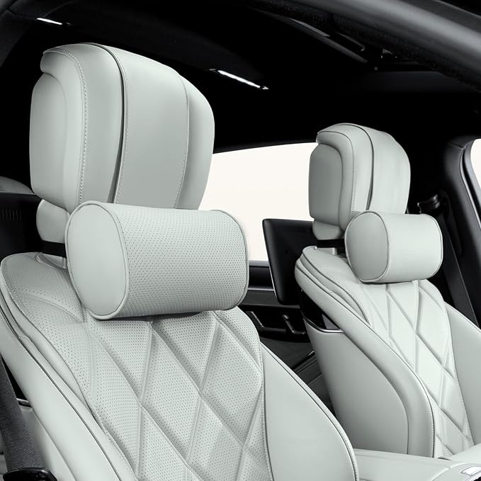 Car Headrest Pillow for Driving - Luxury Leather 100% Memory Foam, Ergonomic Neck Support - Universal Fit Head Rest Travel Pillow for Most Cars, Home & Office, Gray, 2 Pack