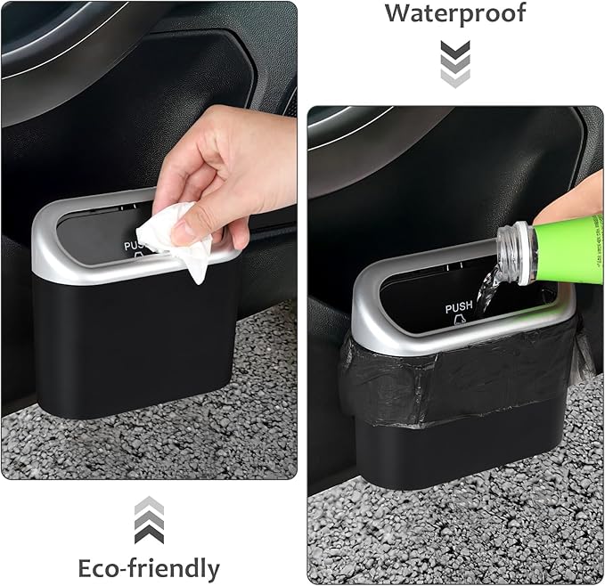 Accmor Car Trash Can with Lid, Mini Vehicle Trash Bin Car Dustbin Garbage Organizer Holder with Trash Bag, 2 Pack Small Hanging Leakproof Cars Storage Bag Container for Auto, SUV, Office (Silver)