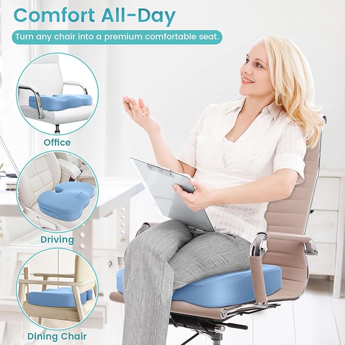 Office Chair Seat Cushion, Cooling Gel Enhanced Memory Foam Cushion for Long Sitting - Back, Sciatica, Coccyx, Tailbone Pain Relief Pillow - for Office, Gaming, Car, Wheelchair - Light Blue, Large