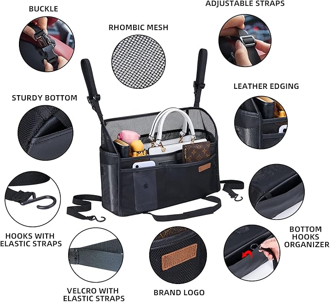 WLLWOO Car Net Pocket Handbag Holder Between Seats Back Storage Organizer Purse Holder for Console Front Seat Storage Barrier