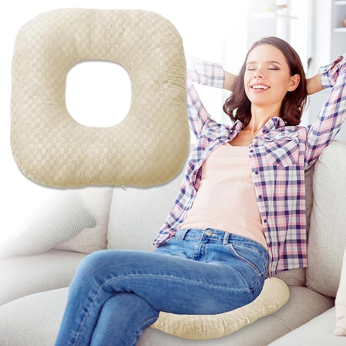 Stuffed Donut Pillow Seat Cushion | for Tailbone and Coccyx Pain, Hemorrhoids, Bed Sores, Pregnancy, Prostate, Surgery Recovery, Sitting Pressure Relief, for Home, Office and Car (Beige)