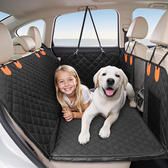 HOTEAGLE Back Seat Cover for Dogs, Waterproof Hard Bottom Spacious and Comfortable, Ideal for Car Trips and Outdoor Adventures, Cherished by Pet Owners（Black）