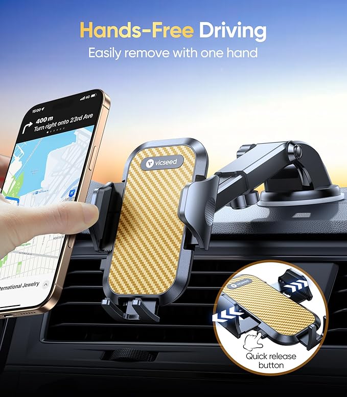 VICSEED Gold Phone Holders for Your Car, [True Military-Grade Strongest Suction Power], 3-in-1 Dashboard Windshield Vent, Truck Boat Stand Cell Phone Mount for iPhone Android All Phones