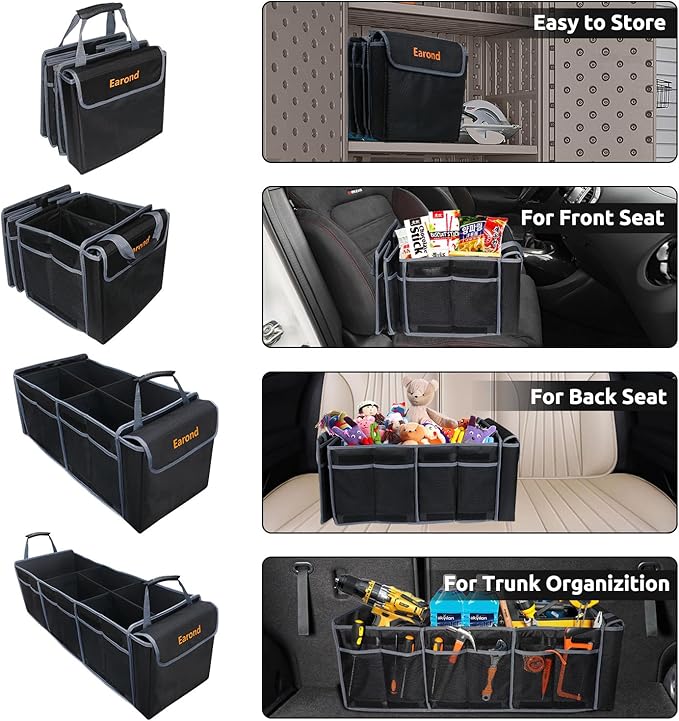 Car Trunk Organizer with Lid,Collapsible Car Storage Organizer with Multi Compartments and Securing Straps for SUV,Sedan,Jeep-Black & Grey