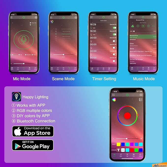 Nilight RGB LED Car Interior Stripe Light with APP Control Multicolor Music Sync Mode Waterproof Car Under-Glow Lighting Lamp Kits Universal Cars Truck ATV UTV