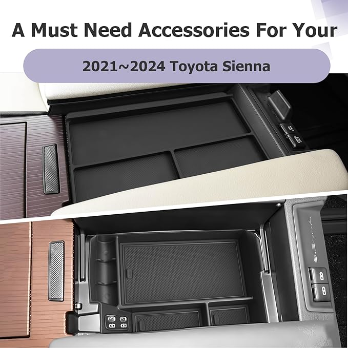 LUWU 2025 2026 Sienna Accessories for 2021 2022 2023 2024 2025 2026 Toyota Sienna Accessories Center Console Organizer, Armrest Console Tray Anti-Slip Armrest Lid Black 2-Pack (Not for Cool Box)
