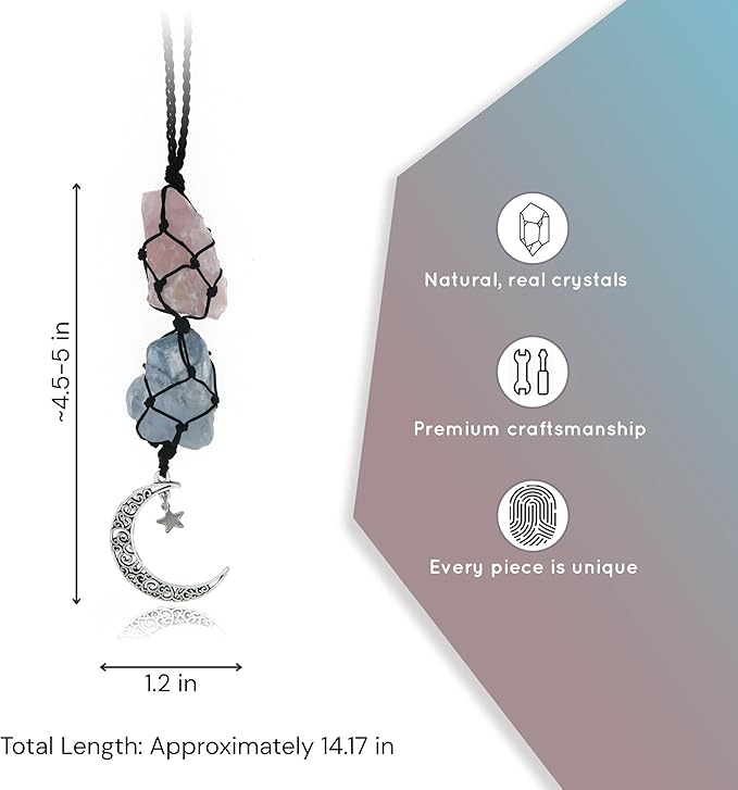 BOHO GARDEN Hanging Car Charm - Rose Quartz, Blue Calcite - Dangling Moon & Healing Crystal Accessories, Rearview Mirror Decorations - Love, Connection, Self-Worth, Calmness, Communication, Creativity