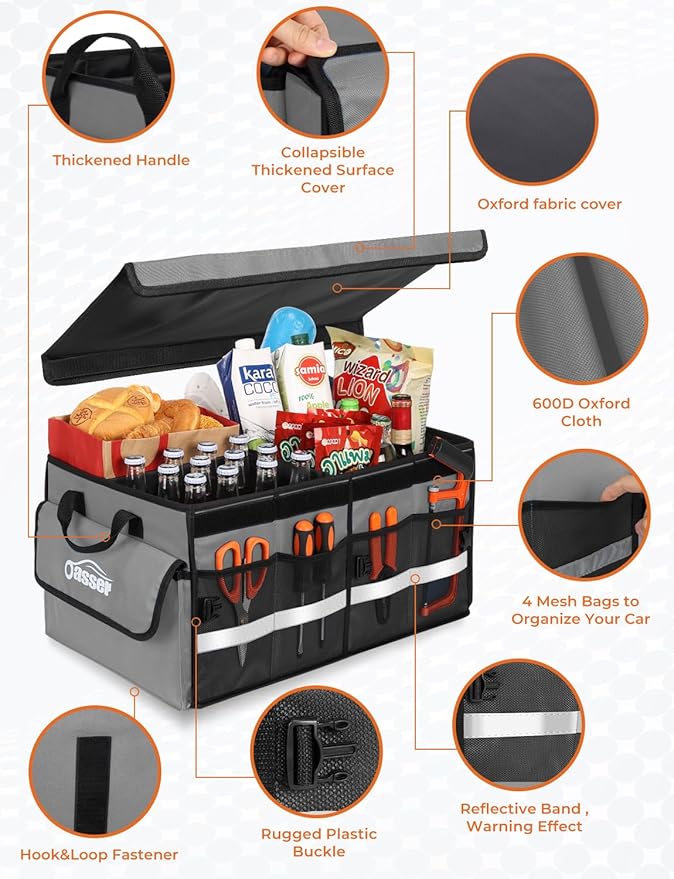 Oasser Car Trunk Organizer Collapsible Multi Compartments SUV Trunk Organizer with Reflective Strip Foldable Cover (Standard, Grey)