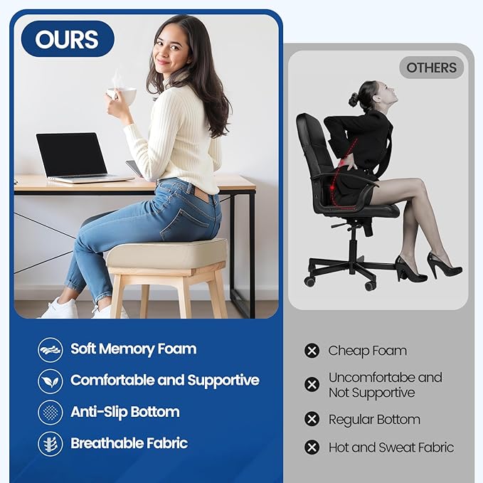 Seat Cushion for Tailbone Pain Relief, Office Chair Cushion, Memory Foam Large Chair Cushion with Non-Slip Cover for Soft Support at Office Chair, Car Seat, Airplane Beige/X-Large