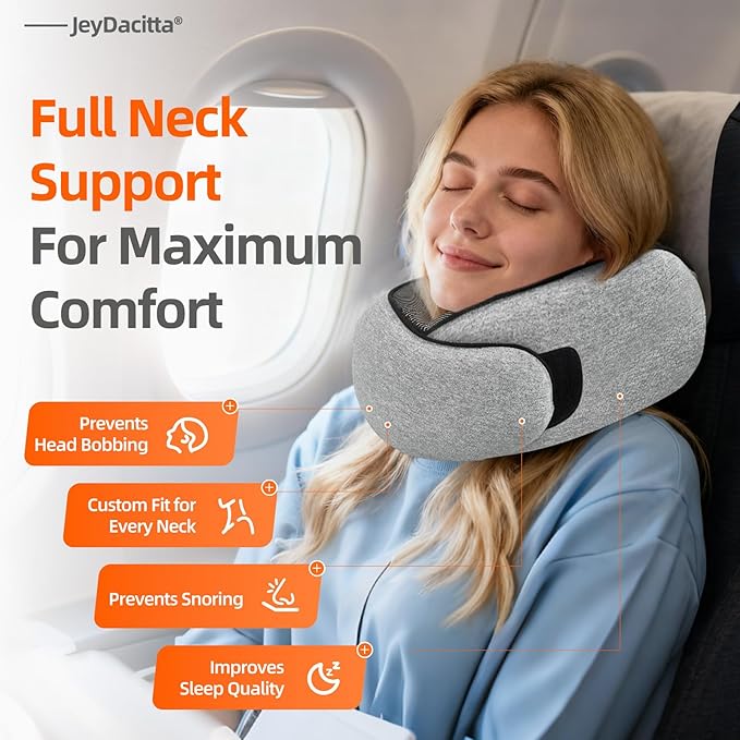 Premium Travel Pillow, Upgraded Memory Foam Neck Pillow, 360° Ergonomic Design Airplane Pillow Travel Pillows for Airplanes, Cars, Offices, Home Use, Large (Light Gray)