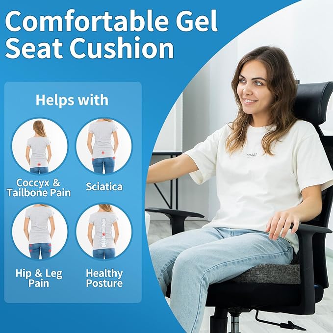 Gel Memory Foam Seat Cushion for Long Sitting with Removable Cover – Cooling Breathable Support for Tailbone, Coccyx, Sciatica, Back Pain Relief - for Office Chairs, Car Seat, Wheelchair (Blue)