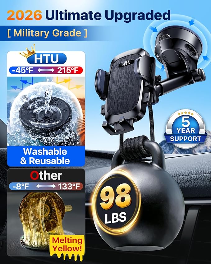 HTU 【98+LBS Strongest Suction & Military-Grade】 Ultimate Car Phone Mount【Patent & Safety Certs】 Cell Phone Holder Truck Stand for Dashboard Windshield Vent for iPhone 17 Pro Max 16 15 Samsung (Black)