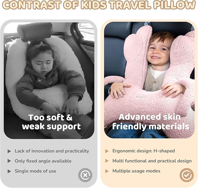 FLORICH Car Sleeping Travel Pillow for Kids, Kids Travel Pillow Removable H-Shaped Pillow for Adults and Children to Support Head and Body Road Trips with Neck Pillow and Blanket (Pink)