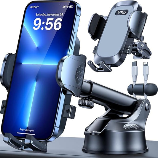 YRU [True Upgrade for Safety] Car Phone Holder Mount [Patent & Military-Grade] Dashboard Cell Phone Holder for Car Vent Windshield Phone Stand for iPhone 17 16 15 14 13 Pro Max Truck Samsung (Grey)