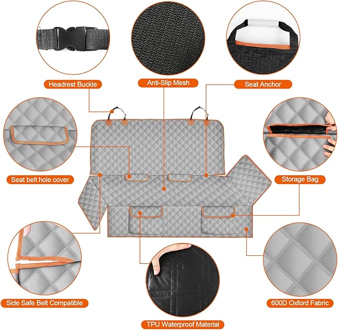 Dog Car Seat Cover Compatible with Full-Size Truck, Ford F150/250/350 Chevy Silverado Dodge Ram 1500 2500 3500, 600D Oxford Scratch Proof Nonslip Pickup Waterproof Pet Rear Bench Seat Cover