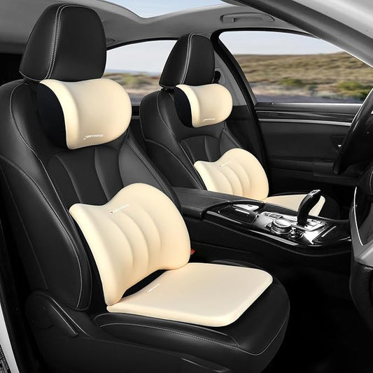 Car Seat Cushion with Neck Pillow & Lumbar Support Kit Back Sciatica Tailbone Pain Relief Car Pillows Ergonomic Memory Foam Back Support for Driving Seat Office Chair Wheelchair Beige