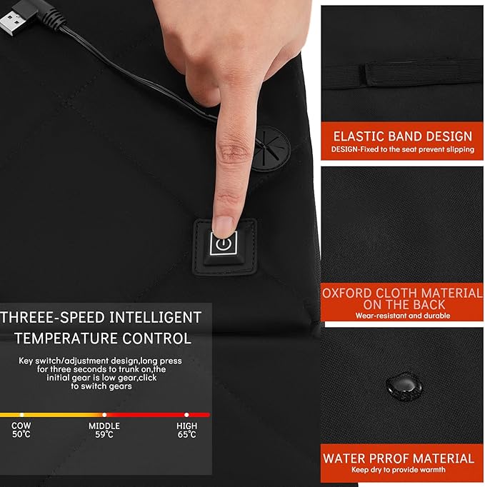 Juexica Portable Heated Seat Cushion Warm Stadium Seats Camping Outdoor with Back Support and 3 Level Winter Heated Seat Cover for Outdoors, No Power Bank(15.7 Inch,Black)