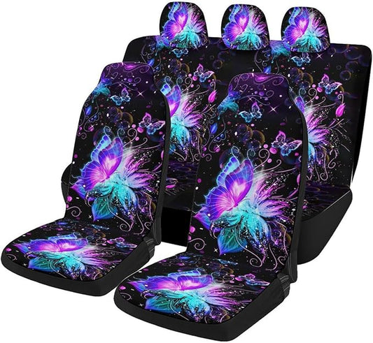 5 Pcs Premium Purple Butterflies Car Seat Cover, Breathable & Washable Car Seat Covers Full Sets, Fashionable Printed Seat Covers for Cars Interior, Universal Fit for Most Cars