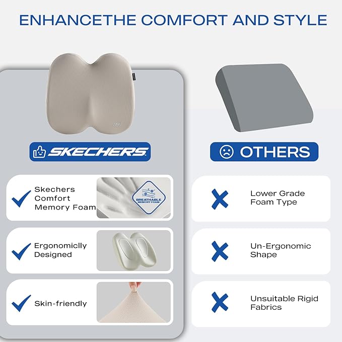 Skechers Seat Cushion, Ergonomic Memory Foam Cushion for Long Sitting Hours on Office & Home Chair, Car Seat Cushion for Sciatica, Coccyx Cushion,Beige