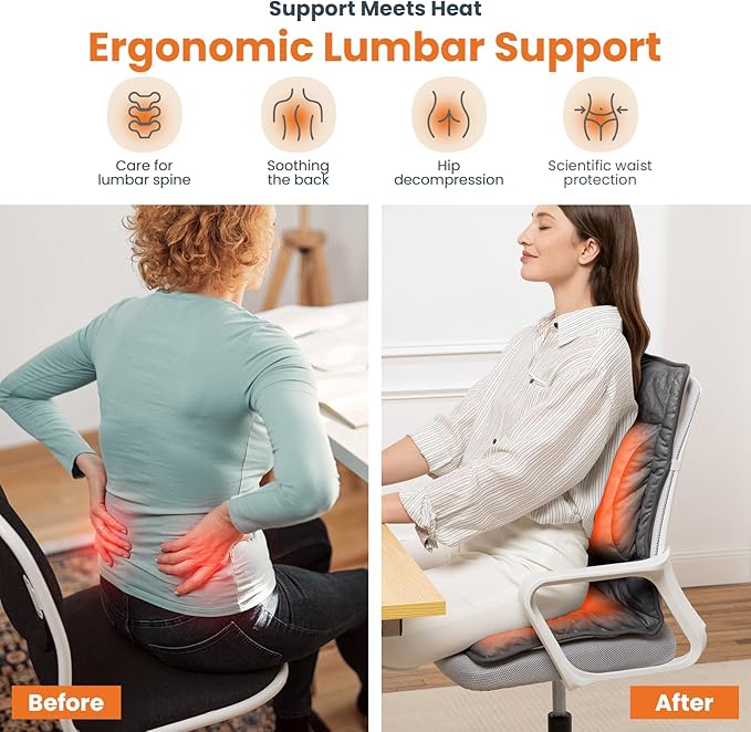 Heated Seat Cushion with Lumbar Support for Office, Heated Seat Cover Pain Relief for Long Sitting, Seat Warmer for Back, Lumbar, Hip, Thigh, Universal Fit, Auto Shut Off, 3 Heat Levels, Dark