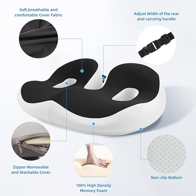 Breathable Thick Chair Seat Cushion,Upgraded Memory Foam Office Chair Cushions, Anti-Slip Bottom Car Plane Wheelchair Seat Cushion,Relieve Sciatica Tailbone Back Pain Cushion for Long Sitting (Black)