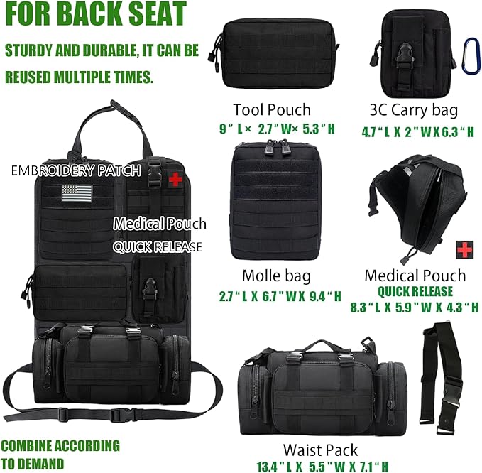 7 PACK Tactical Seat back organizer Truck organizer With 6 Detachable Pouches Universal For Car Truck Ford Jeep Military-Grade Heavier Panels With Multi-functional Packs (khaki)