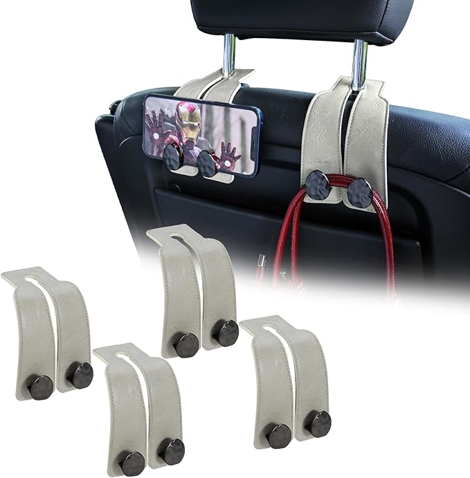 4 PCS Leather Car Seat Hooks for Headrest, Vehicle Hanger Storage Organizer Universal for Handbag Purse, Car Accessories Gift (Grey-Black-4 PCS)