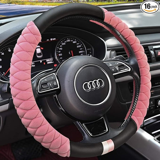 HAOKAY Luxury Fluffy Winter Steering Wheel Cover for Women Girls,Soft Warm Short Plush Steering Wheel Cover Pink Fuzzy with Universal 14.5-15 Inch