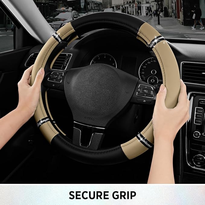 Road Comfort Leather Steering Wheel Cover – Premium Anti-Slip Car Steering Wheel Grip Cover – Universal Fit for 14.5”–15.5” Cars, Trucks & SUVs - Beige