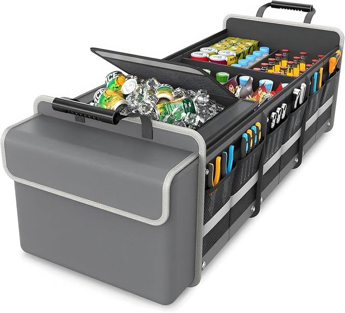 Large Trunk Organizer for SUV with Premium Portable Cooler Bag, Car Organizers and Storage with Foldable Cover, Collapsible Car Trunk Organizer for Truck, Adjustable Securing Straps, 90L+20L, Gray-C