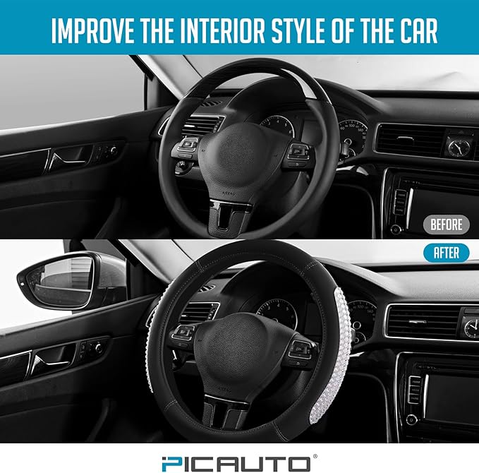 PIC AUTO Steering Wheel Cover, Glitter Gel Particles & Black Luxury Leather Car Steering Cover, Universal Fit 14.5"-15.5" Anti-Slip Car Wheels Cover for Girls & Women