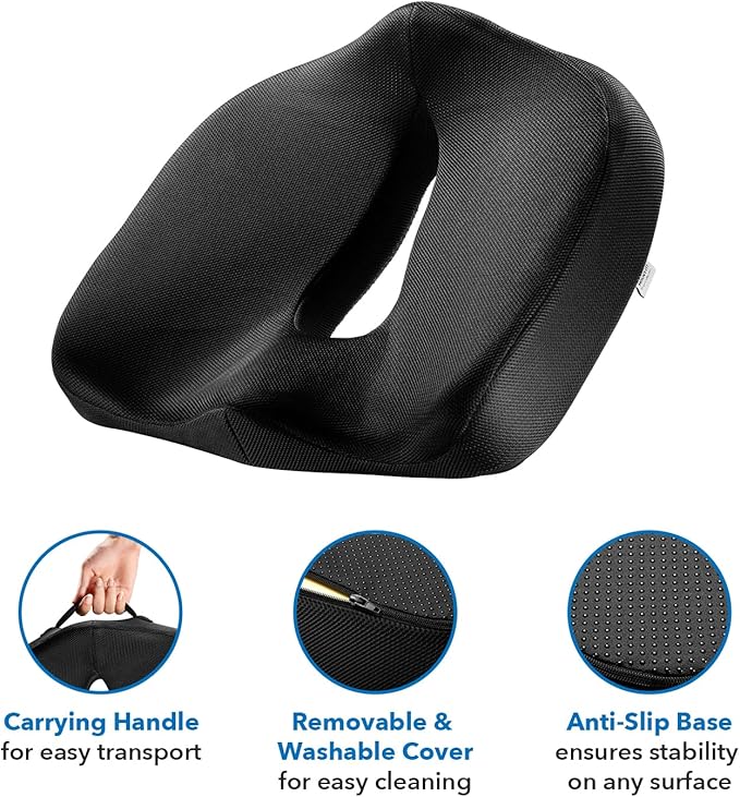 Mount-It! Office Seat Cushion, Premium Comfort Chair Lumbar Support, Memory Foam, Gel Filling, Ergonomic for Car, Desk, Back Hip Butt Tailbone Relief, Sciatica Cushions Washable Cover in Black