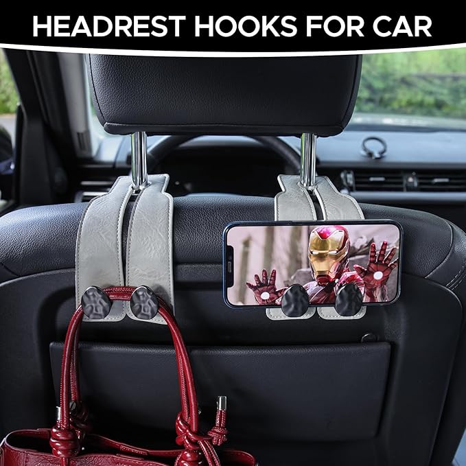 4 PCS Leather Car Seat Hooks for Headrest, Vehicle Hanger Storage Organizer Universal for Handbag Purse, Car Accessories Gift (Grey-Black-4 PCS)
