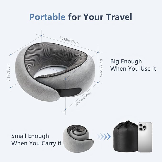 Advanced Memory Foam Neck Travel Pillow, Neck Pillow Airplane with Eye Mask & Ear Plugs, Designed for The Comfort of Travel & Office, Travel Pillow for Plane, Car, Home, Work， Grey