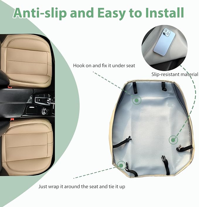 2 Pack Front Car Seat Cover Bottom Only Faux Leather, Anti-Slip Padded Seat Cushion, Full Wrap Seat Protector with Storage Function Fit 95% Cars, SUV, Pick-up Trucks (Beige)