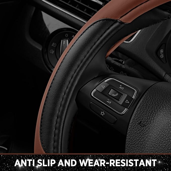 Road Comforts Leather Steering Wheel Cover - Made with PVC Leather - Anti-Slip, Universal Fit 14 1/2 inches to 15 inches - Brown
