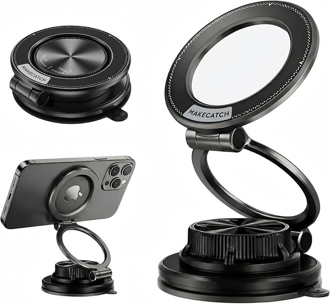 Magnetic Car Phone Mount, 0.83" Ultra-Slim Foldable Holder, [Vacuum Suction & Adhesive Pad] for Textured Dashboard/Windshield/Screen, 3-Joint Metal MagSafe Mount for iPhone 17 Pro Max -Black