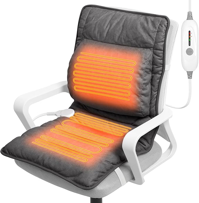 Heated Seat Cushion with Lumbar Support for Office, Heated Seat Cover Pain Relief for Long Sitting, Seat Warmer for Back, Lumbar, Hip, Thigh, Universal Fit, Auto Shut Off, 3 Heat Levels, Dark