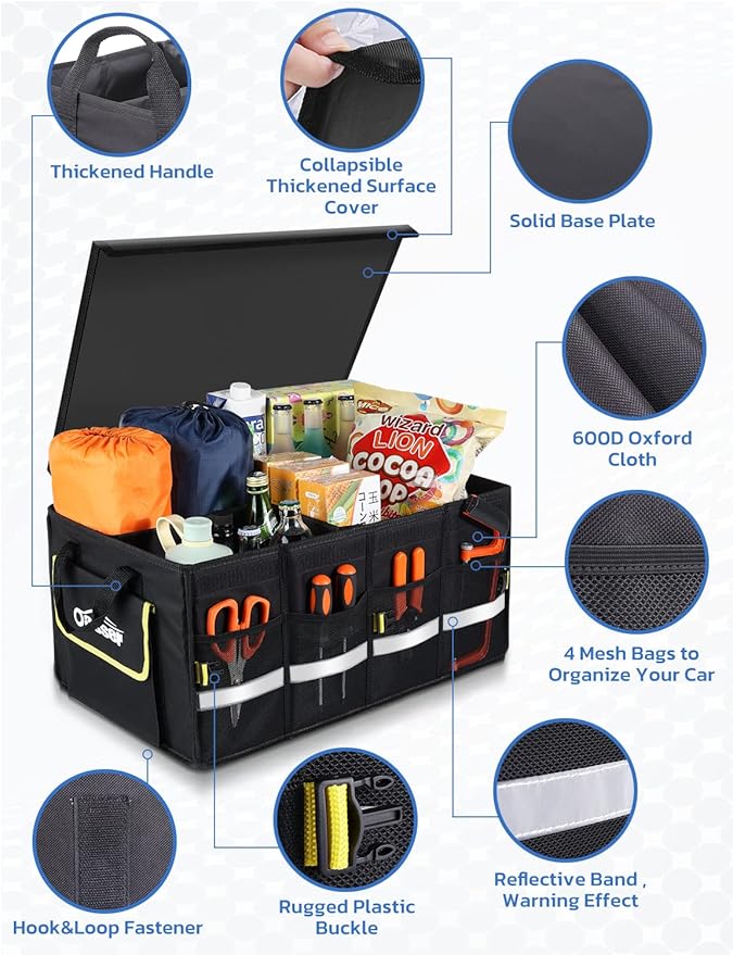 Oasser 55L Car Trunk Organizer, 3 Compartments Collapsible Waterproof Car Organizer Storage with Foldable Cover, Reflective Strip, Non-Slip Bottom, 4 Mesh Pockets for SUV/Truck/Sedan/Camping/Road Trip