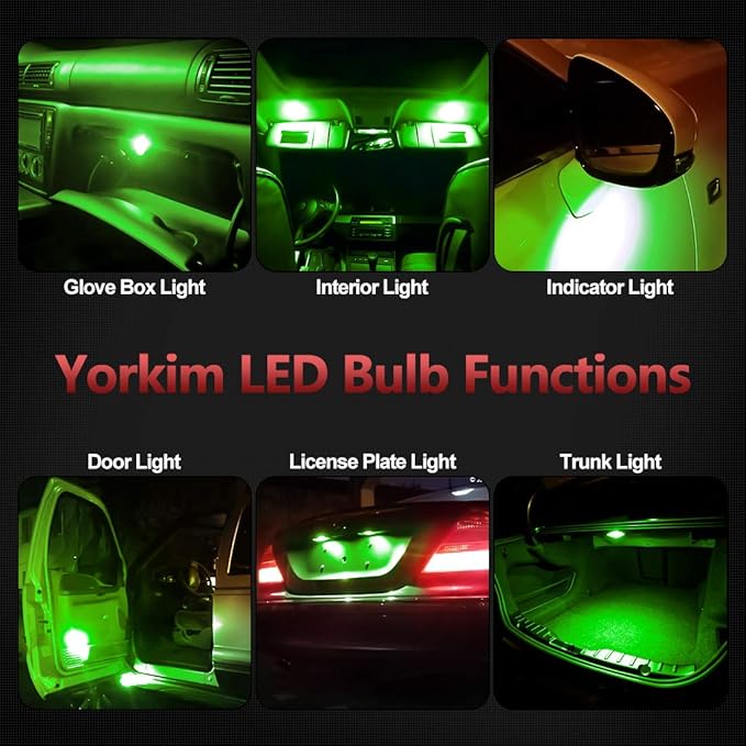 Yorkim 194 LED Bulbs Green Super Bright New 5th Generation, T10 168 LED Bulbs for Car Interior Dome Map Door Courtesy License Plate Lights W5W 2825, Pack of 10