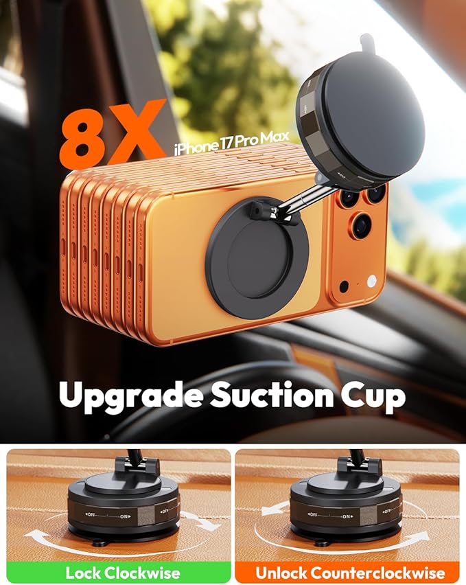 Meifigno Upgraded Cell Phone Holder for MagSafe, Magnetic Adjustable Car Phone Holder, Vacuum Suction Cup Phone Mount Compatible with iPhone 17 Pro Max and All Smartphones