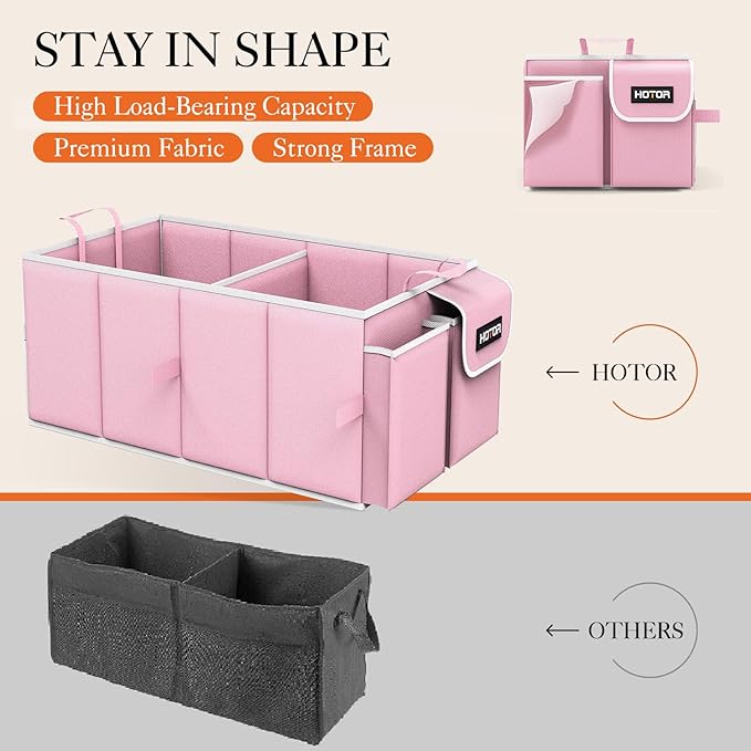 HOTOR Foldable Trunk Organizer for SUVs & Sedans, Pink, 2 Compartments, 21.3"12.6"10.6