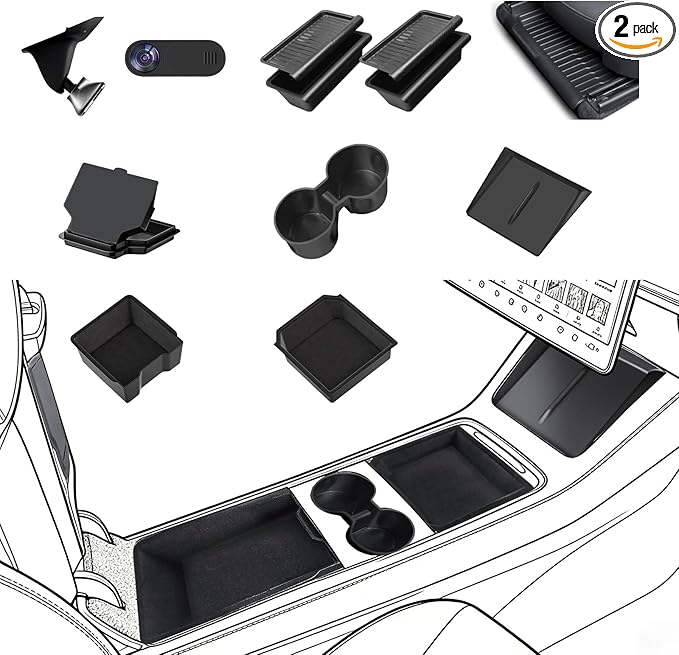9Pcs Set Center Console Organizer Tray for Tesla Model Y Juniper 2025 2026, Under Seat Storage Box with Lid, Black, 2-Piece Set