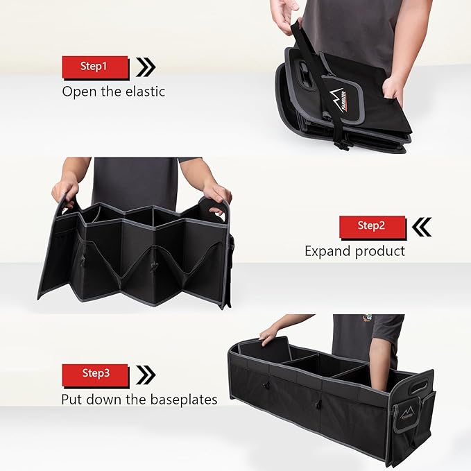 M KARMATER Car Trunk Organizer,Machine Washable PP Materials 3 Compartments Car Storage,95L Waterproof Polyester Cars Accessories Organizer and 6 Pockets, Suitable for SUV, Minivan, Truck(Black)