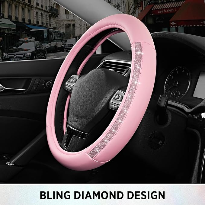 Road Comforts Steering Wheel Cover, Glitter Bling Leather Wheel Cover, Universal Fit 14.5"-15.5" Steering Wheels for Women & Girls, Anti-Slip Car Wheel Protector for Cars, Trucks, Vans, SUVs-Pink